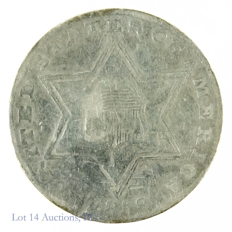 1858 U.S. Silver Three-Cents Coin: United States 1858 silver three cents coin (Philadelphia Mint). Metal is 90% silver and weighs .75 grams per mint records. Mintage is 1.6 million with a PCGS survival estimated of 5,000 (R-4.0) in all