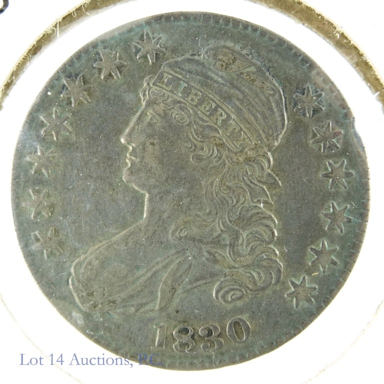 1830 Silver Capped Bust Half Dollar (AU+?): 1830 89% silver capped bust half dollar - small 0 (Philadelphia Mint). Per consigner, grades AU. Mintage is 4,764,800 with a PCGS survival estimate of 10,000 (R-3.0) in all grades. Silver content conf