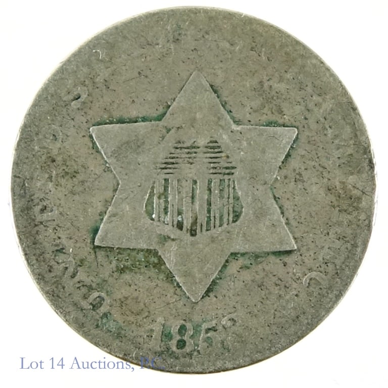 1853 U.S. Silver 3 Cent Coin: Unites States 1853 silver three cent coin (Philadelphia Mint). Metal is 75% silver weighs 0.8 grams per mint records. Mintage is 11.4 million with PCGS survival estimate of 25,000 (R-2.7) in all grade