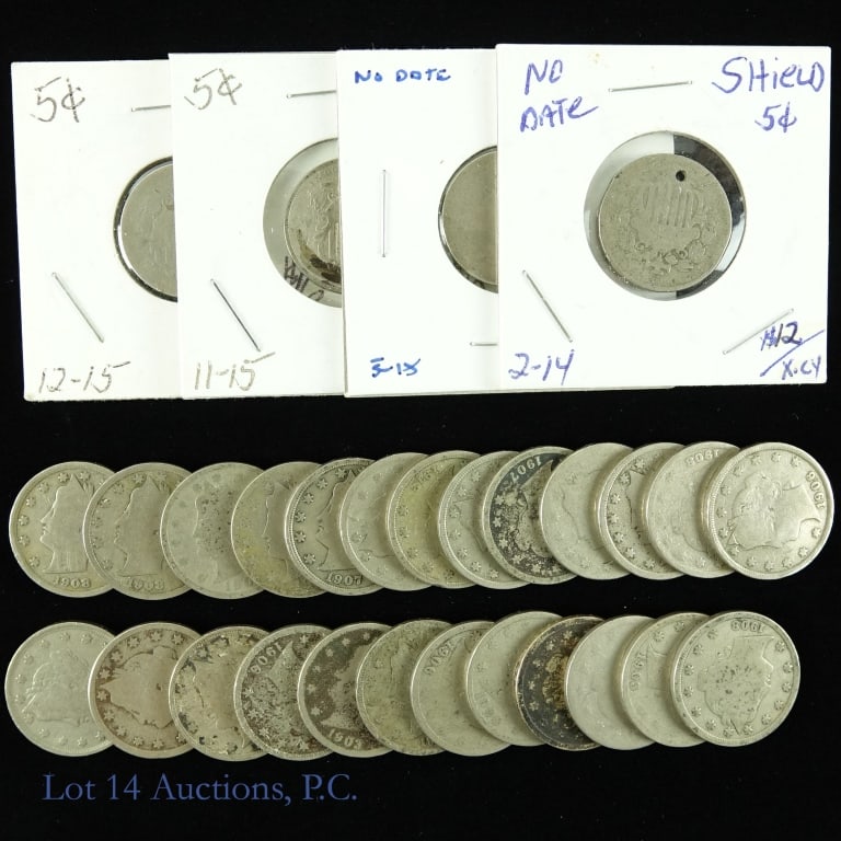 1867-1912 Shield and Liberty Head Nickels (29): Twenty nine (29) shield and liberty head nickels dates range from 1867 to 1912 as follows: Shield 5c (4): ---no date (2), ---1867, and ---1868; and Liberty head (25): ---1897, ---1898 (2); ---1900 (2)