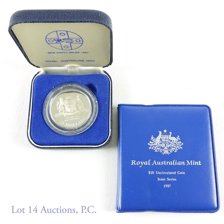 1987 Silver New South Wales $10 Coins (2): Royal Australian Mint's 1987 silver proof and brilliant uncirculated $10 coins in mint's OGP. Alloy is 92.5% silver. Weight is 20 grams. Together they have ASW of 1.304 oz. The BU coin's mintage is 55