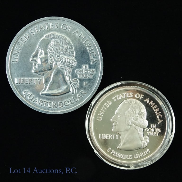 Washington Quarter Commemorative Medals (2): Two (2) Washington quarter medals as follows: ---silver plated clad proof 50 U.S. statehood quarter commemorative round, stamped .999 fine silver and clad proof, (No positive silver result on Lot 14 m