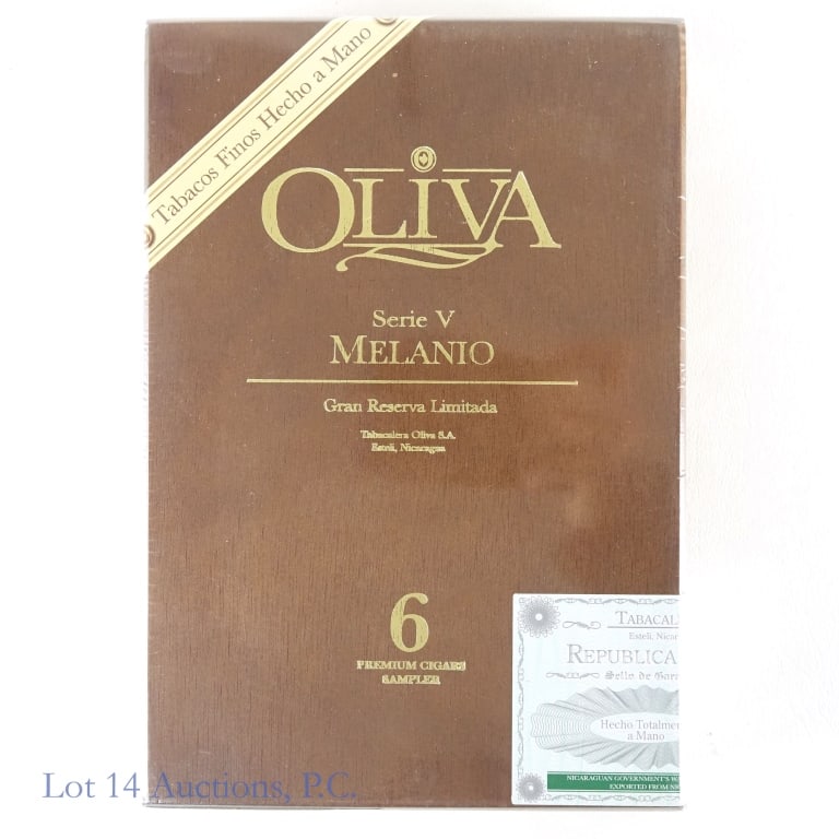 Oliva Serie V Melanio Cigars (Sealed Box 6): Oliva Serie V Melanio Gran Reserva Limitada premium cigars sampler - sealed sampler wooden box of 6. Hand made in Nicaragua. Box includes one of each: Lancero Natural, Lancero Maduro, Churchill Natura