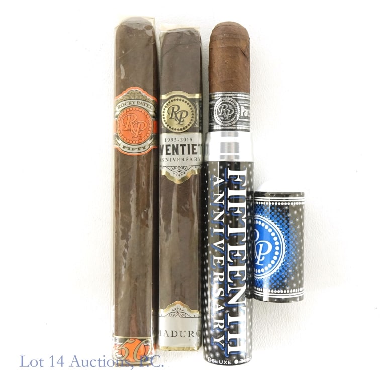 Rocky Patel Anniversary Cigars (3): 3 Rocky Patel cigars: RP Fifty (6-1/4 x 52, CRA Exclusive) *** RP 20th anniversary box pres Toro maduro (6 x 52) *** RP 15th anniversary toro tubo (6 x 50).