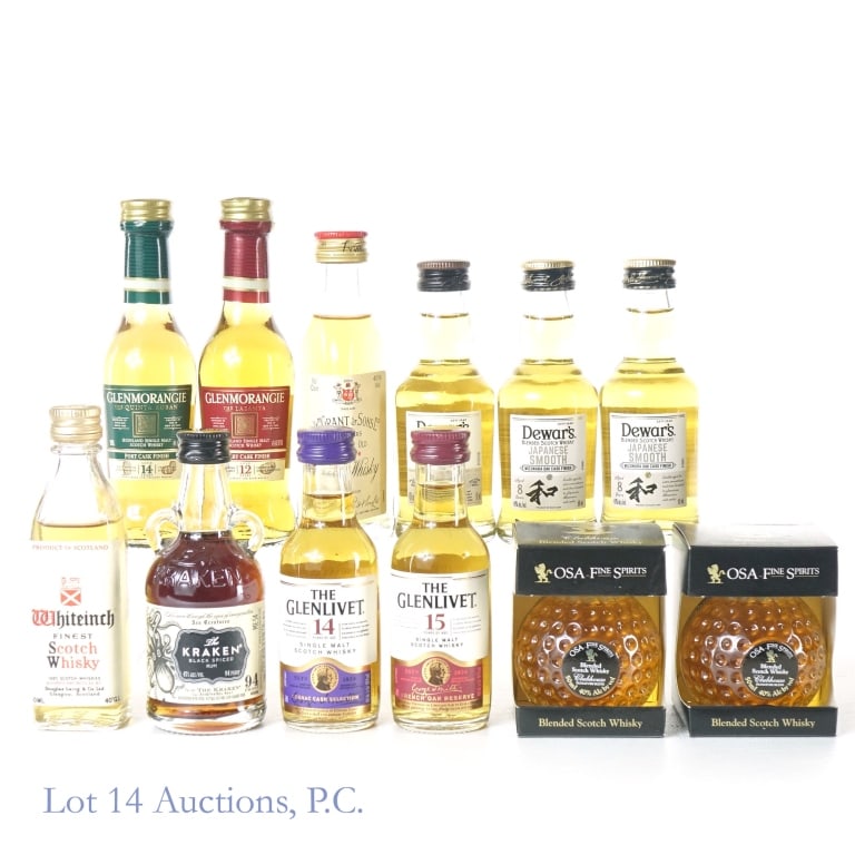 Scotch & Rum Mini 12-Pack (12): 1-Glenmorangie 12 Year The La Santa Sherry Cask Finish Single Malt Scotch Mini, 86 Proof, 50 ml. 2-Glenmorangie 14 Year The Quinta Ruban Port Cask Finish Single Malt Scotch Mini, 92 Proof, 50 ml. 3-Gl
