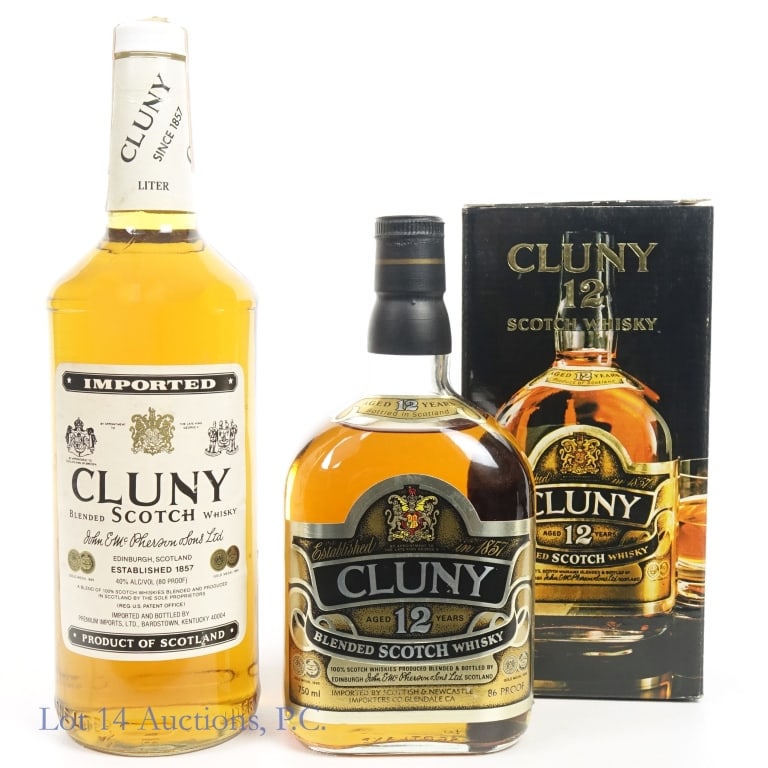 Cluny Scotch Whisky (2) - One 12 Yr.: Cluny blended Scotch whisky, 12 years. 86 proof. 750 ml. Original box. John E. McPherson & Sons. ***** Cluny blended Scotch whisky. 40% ABV (80 proof). 1 liter. No UPC code.
