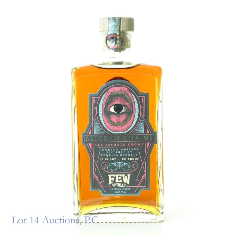 Few Spirits Alice in Chains Bourbon Whiskey: Alice in Chains (All Secrets Known) Bourbon Whiskey finished in tequila barrels. 50.5% ABV (101 proof). 750 ml. Few Spirits.