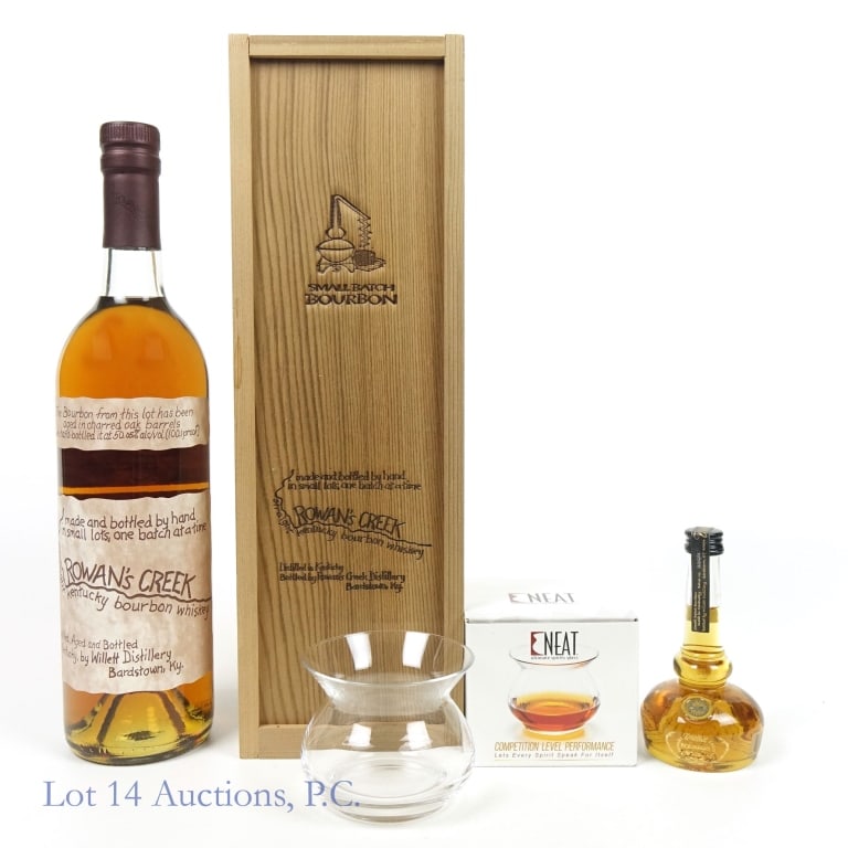 Rowan's Creek, Willett Mini, & Neat Spirits Glass: 1-Rowan's Creek Small Batch Bourbon , 100.1 Proof, 750 ml, 23-49, Wood case included. 2-Willett Pot Still Bourbon Mini, 94 Proof, 50 ml, Batch #22G01. 3-Neat Ultimate Spirits Glass , Official Competit