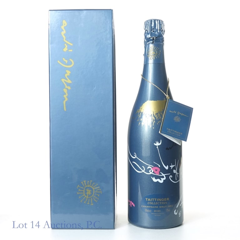 1982 Taittinger Champagne - Andre Masson Bottle: 1982 Taittinger Collection champagne Brut. 12% ABV. 750 ml. Andre Masson bottle design. Original box and neck tag booklet.