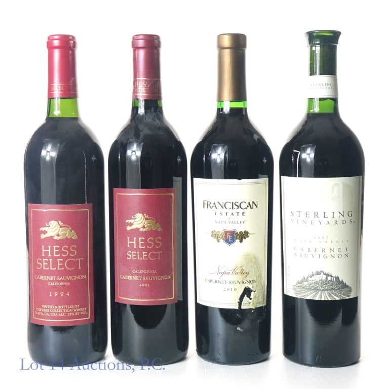 1994, 1997, 2001, 2010 Napa Cabernet Sauvignon (4): 1-1994 Hess Select Napa Cabernet Sauvignon, 13%, 750 ml. 2-1997 Sterling Vineyards Napa Valley Cabernet Sauvignon, 13.5%, 750 ml. 3-2001 Hess Select Napa Cabernet Sauvignon, 13.5%, 750 ml. 4-2010 Fran