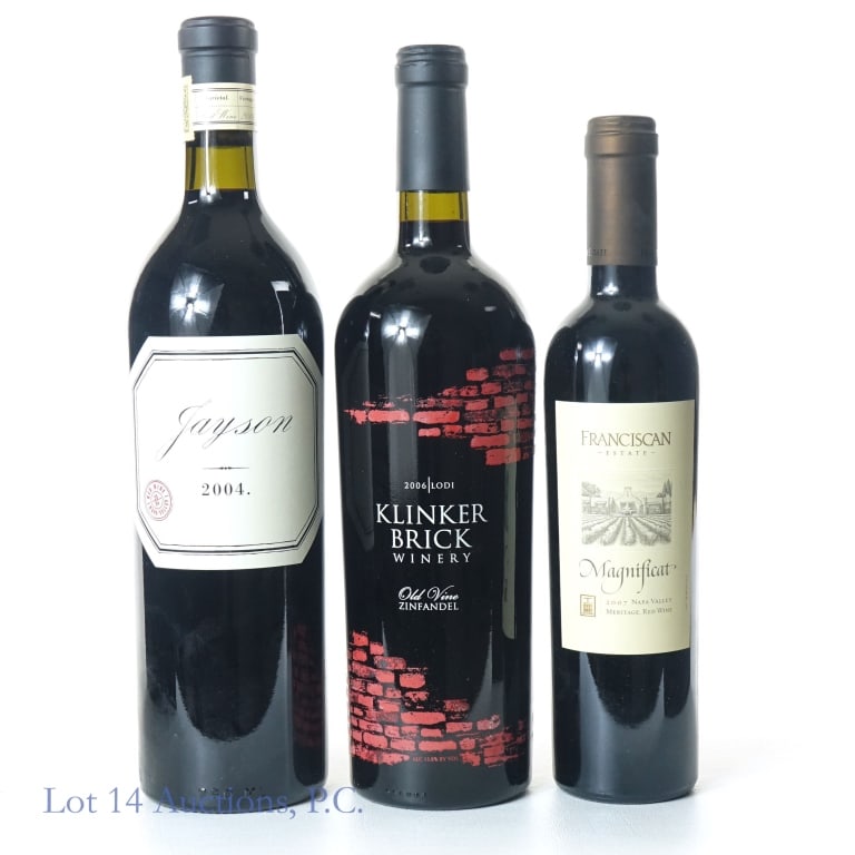 Red Wines - Bottles (2) + Demie (1): 3 bottles of red wine: 2006 Klinker Brick Old vine Zinfandel wine. 15.8% ABV. 750 ml. **** 2004 Jayson red wine. 15.2% ABV. 750 ml. **** 2007 Franciscan Estate Magnificat Meritage red wine. 14.5% ABV.