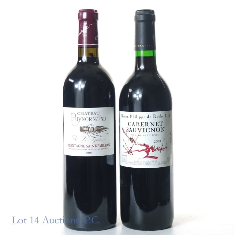 French Red Wines (2): 2 red wines from France: 2001 Baron Philippe de Rothschild cabernet sauvignon - vin de pays d'oc. 13% ABV. 750 ml. ***** 2009 Chateau Puynormond Montagne Saint-Emilion red Bordeaux wine. 14% ABV. 750 