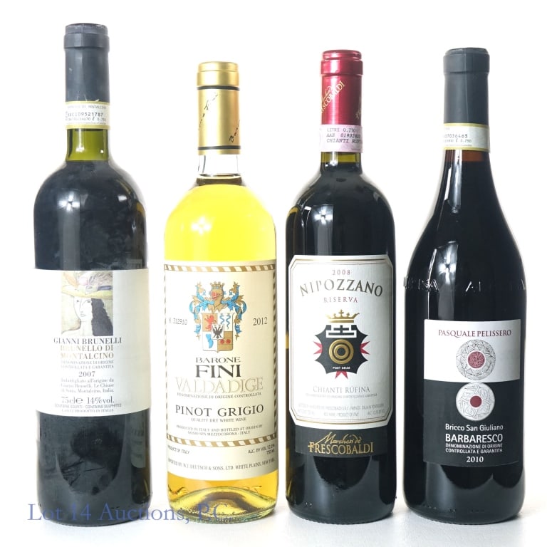 Italy Wines (4): 4 wines from Italy: 2007 Gianni Brunelli Brunello di Montalcino red wine. 14% ABV. 75 cl (750 ml). ***** 2008 Nipozzano riserva chianti rufina red wine. 13.5% ABV. 750 ml. ***** 2010 Pasquale Pelisser