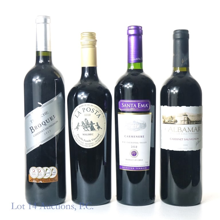 2000, 2010, 2015 Chile & Argentina Red Wine (4): 1-2000 William Cole Vineyards Albamar Maipo Valley Cabernet Sauvignon, 13.5%, 750 ml, Region: Maipo Valley Chile. 2-2010 Santa Ema Selected Terroir Cachapoal Valley Carmenere, 13.5%, 750 ml, Region: C