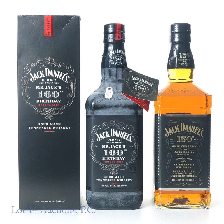 Jack Daniel's 150th & 160th Whiskey 2-Pack (2): 1-Jack Daniel's 150th Anniversary Tennessee Whiskey (2016), 86 Proof, 750 ml. 2- Jack Daniel's 160th Birthday Tennessee Whiskey (2010), 80 Proof, 750 ml, Bottle #691818A, Box included in good conditio