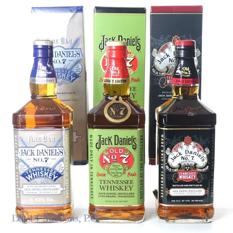 Jack Daniel's Legacy Edition 1-3 Set (3): 1-Jack Daniel's Legacy Edition #1 Tennessee Whiskey, 86 Proof. 1 Liter, Bottle #394776. 2-Jack Daniel's Legacy Edition #2 Tennessee Whiskey, 86 Proof, 1 Liter, Bottle #383038, Side label slightly bent