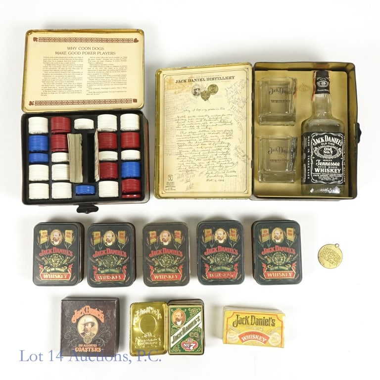 Jack Daniel's Minis, Tin Cases & Ephemera: 1-Jack Daniel's Tennessee Whiskey Mini (50 ml), 90 Proof, 50 ml, Minis held in tin cases (x6) . 2-Empty Tin Case. 3-Tin Case holding 2 card decks, both sealed. 4-Tin case holding 2 7-pack match boxes.