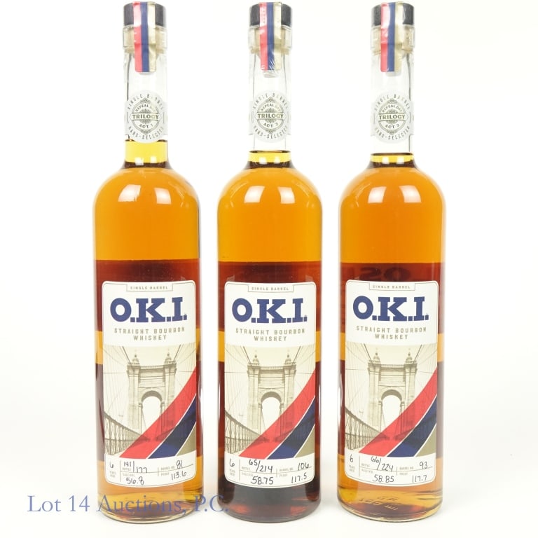 OKI Repeal Day Trilogy Bourbon Set (3): 1-OKI Repeal Day Trilogy Act 1 Single Barrel Bourbon, 113.6 Proof, 750 ml, Barrel #81, Bottle #141 of 177 bottles, Six Years Old. 2-OKI Repeal Day Trilogy Act 2 Single Barrel Bourbon, 117.7 Proof, 750