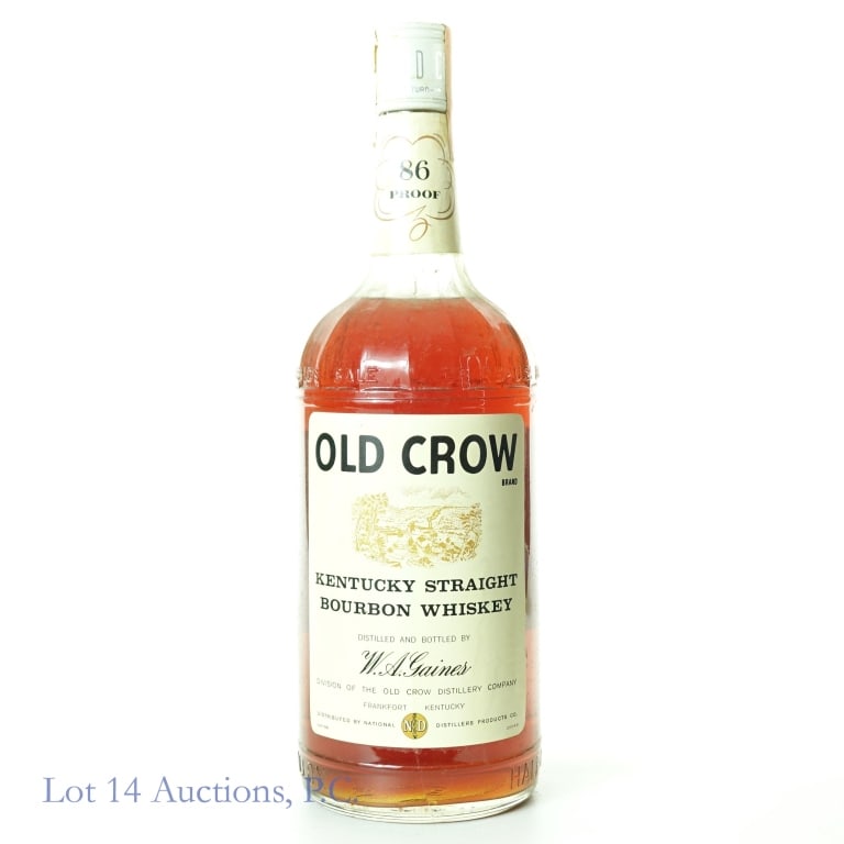 Old Crow Bourbon - 1960s / 70s (Half Gallon): Old Crow Kentucky straight bourbon whiskey. 4 years. 86 proof. Half gallon. Series 112 (Internal Revenue) tax strip (1960 - 1977). W.A. Gaines Division of Old Crow Distillery.