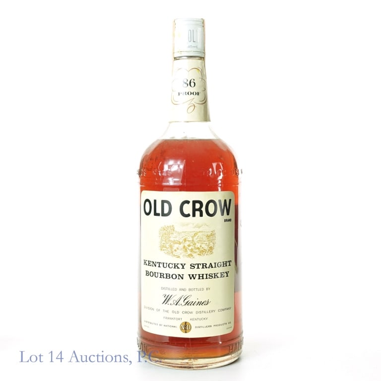 Old Crow Bourbon - 1960s / 70s (Half Gallon): Old Crow Kentucky straight bourbon whiskey. 4 years. 86 proof. Half gallon. Series 112 (Internal Revenue) tax strip (1960 - 1977). W.A. Gaines Division of Old Crow Distillery.