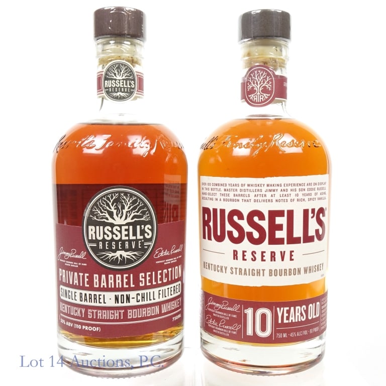 Russell's Reserve 10 Year Bourbon & Pick (2): 1-Russell's Reserve 10 Year Bourbon, 90 Proof, 750 ml. 2-Russell's Reserve Single Barrel Bourbon (2021), 110 Proof, 750 ml, Binny's Private Selection, Bottled: 07-20-21, Dumped: 07-02-21, Distilled: 1
