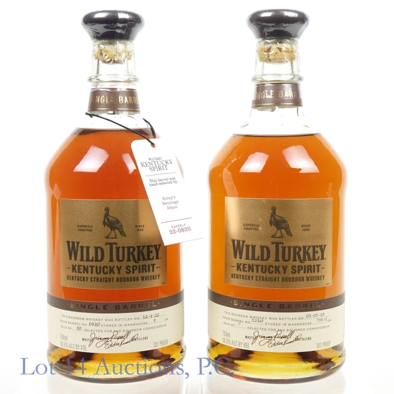 Wild Turkey Single Barrel Bourbon & Pick (2): 1-Wild Turkey Single Barrel Bourbon, 101 Proof, 750 ml, Bottled: 02-01-23, Barrel #2210. 2-Wild Turkey Single Barrel Bourbon, 101 Proof, 750 ml, Binny's Private Selection, Bottled: 12-08-22, Barrel #8