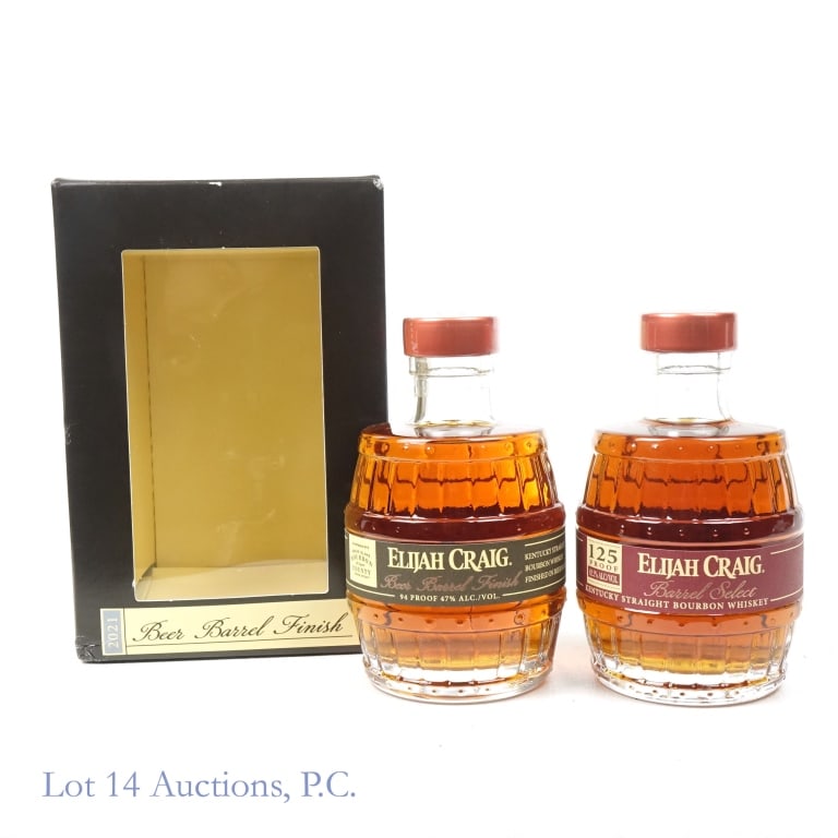 Elijah Craig Grenade Bottle 2-Pack (2): 1-Elijah Craig Barrel Select Bourbon, 125 Proof, 200 ml. 2-Elijah Craig Beer Barrel Finish Bourbon (2021), 94 Proof, 200 ml, Box included.