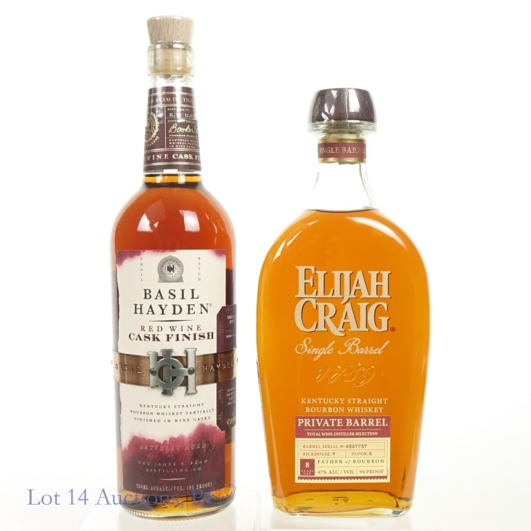 Elijah Craig 8 Year & Basil Hayden 2-Pack (2): 1-Elijah Craig 8 Year Small Batch Bourbon, 94 Proof, 750 ml, Total Wine Private Selection, Barrel #6327737. 2-Basil Hayden Red Wine Cask Bourbon, 80 Proof, 750 ml.