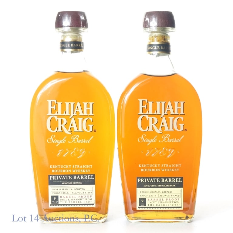 Elijah Craig 9 Year Barrel Proof Bourbon 2-Pack: (2) 1-Elijah Craig 9 Year Barrel Proof Bourbon, 127.2 Proof, 750 ml, Jewel Osco/Ken Cruikshank Private Selection, Barrel #6257061. 2-Elijah Craig 9 Year Barrel Proof Bourbon, 116.5 Proof, 750 ml, Kenw
