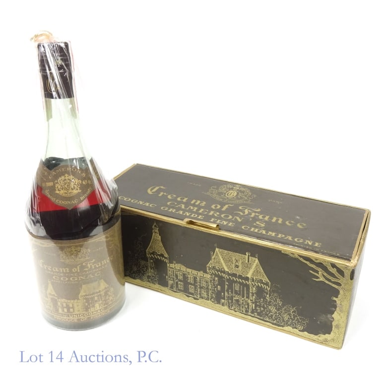Cameron's Cream of France Cognac: Cameron's Cream of France Fine Champagne Cognac, 80 Proof, 4/5 Quart, Tax strip in good condition, bottle wrapped in plastic. Box included with slight wear and residue but overall in fair condition.