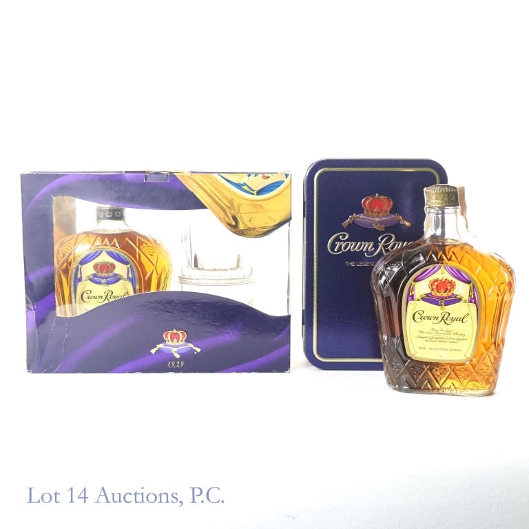 Crown Royal Canadain Whisky 2-Pack (2): 1-Crown Royal Fine De Luxe Blended Canadian Whisky Gift Set, 80 Proof, 750 ml, W/ 2 Drinking Glasses and Box. 2-Crown Royal Fine De Luxe Blended Canadian Whisky, 80 Proof, 750 ml, Distilled: 1979, Tax