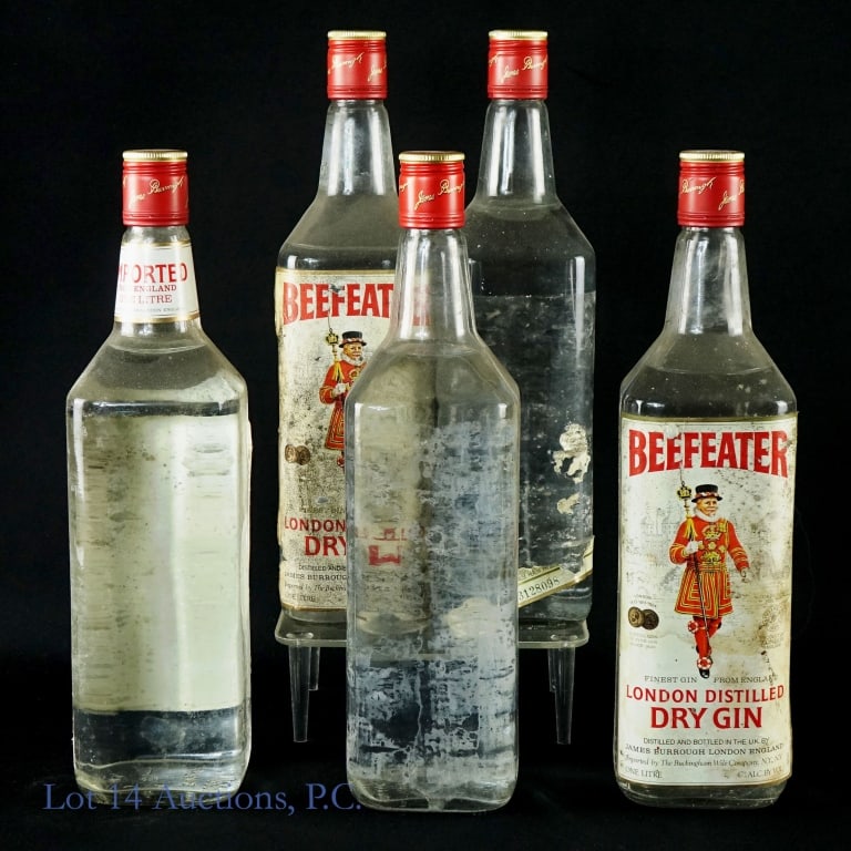 Beefeater London Distilled Dry Gin 47%abv Litre 5: Five (5) 1 Litre bottles of Beefeater London Distilled Dry Gin. 47% ABV. Some have missing or damaged labels, and a few have lower fills. Please see photos for details.