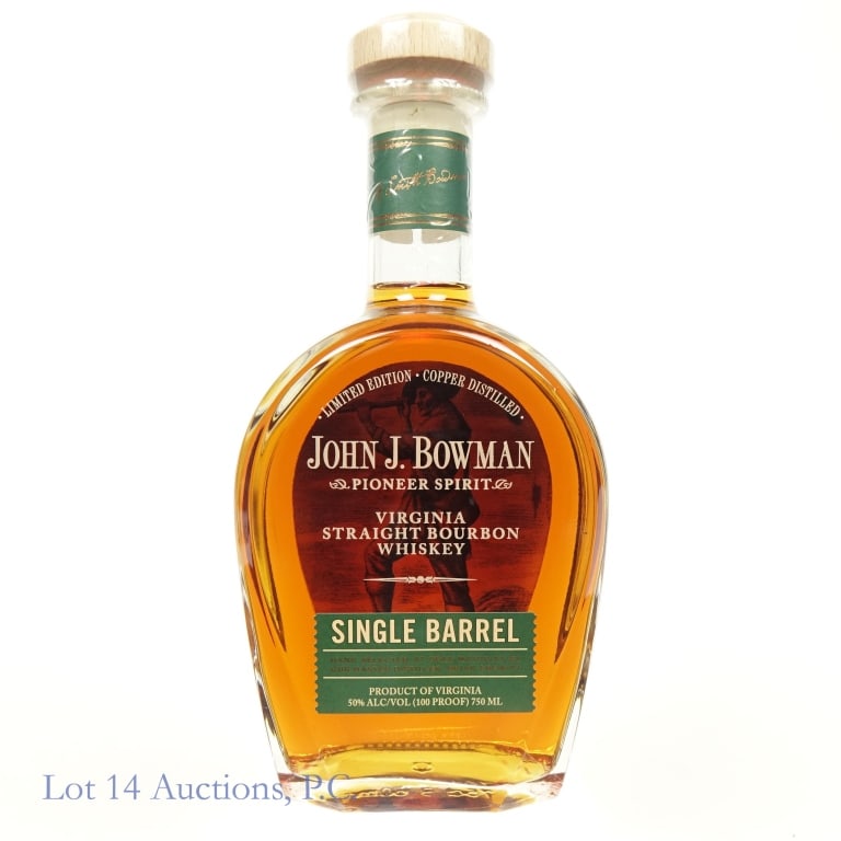 John J. Bowman Single Barrel Bourbon (Green): John J. Bowman Single Barrel Bourbon (Green Label), 100 Proof, 750 ml.