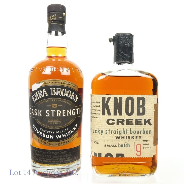 Knob Creek 9 Year & Ezra Brooks Cask Strength (2): 1-Knob Creek 9 Year Small Batch Bourbon, 100 Proof, 750 ml, Staining on side labels. 2-Ezra Brooks Cask Strength Single Barrel Bourbon, 120 Proof, 750 ml, Binny's Private Selection, Barreled: 11-20-17