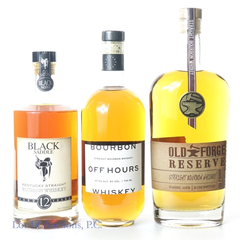 Black Saddle, Old Forge & Bourbon Off Hours: 3-Pack (3) 1-Black Saddle 12 Year Bourbon, 90 Proof, 750 ml. 2-Old Forge Reserve Barrel Aged Bourbon, 89 Proof, 750 ml. 3-Bourbon Off Hours Bourbon, 95 Proof, 750 ml.