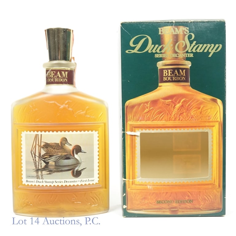 Beam's Duck Stamp Series Bourbon Glass Decanter: Beam's Duck Stamp Series Decanter, 80 Proof, 750 ml, First Issue: Pintails, Small tears in tax strip but in fair condition overall, Box included in ok condition with tears on the front.