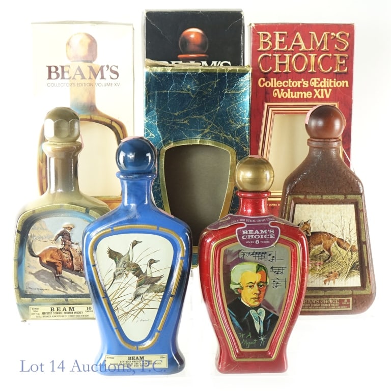 Beam's Choice Bourbon Decanter 4-Pack (4): Beam's Choice 8 Year Bourbon Decanter, 86 Proof, 4/5 Quart, 4/5 Quart, Mozart Collector's Edition, Residue on bottle, tax strip torn through however bottle remains sealed. 2-Beam's Choice 8 Year Bourb