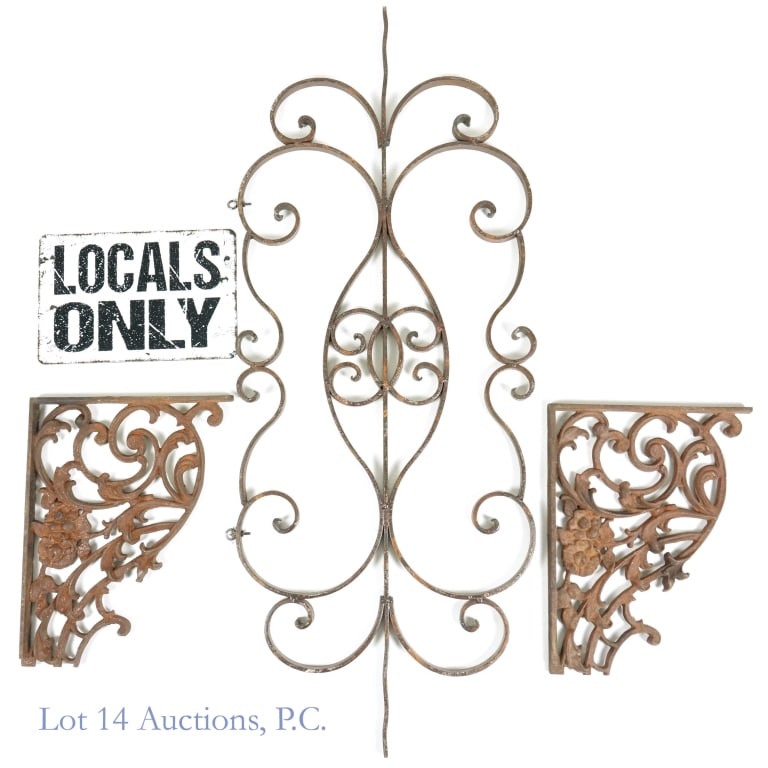 Decorative Wrought Iron Pieces (3) - LOCAL: *** LOCAL PICK UP or third party shipping only. Lot 14 Auctions will NOT ship this from our location. *** 3 pieces of decorative wrought iron. The largest piece measures 44.5" x 17.75" x 0.75". Weight
