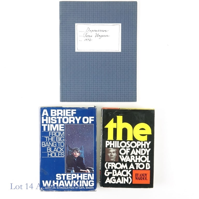 Stephen Hawking & Andy Warhol 1st Ed Books (2): 1-"A Brief History of Time". Hawking Stephen W. Bantam Books, USA. Published 1988. First Printing was also in 1988 but cannot confirm 1st edition copy. Hardcover copy with dust jacket. Book in fair co