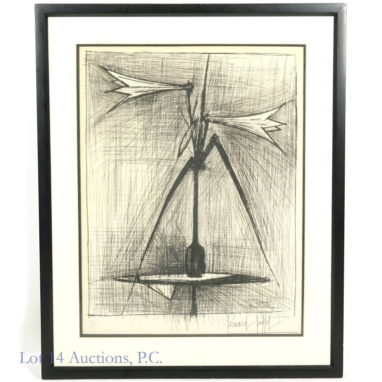 Bernard Buffet (1928 - 1999) Signed LE Lithograph: Limited edition lithograph (numbered 88 / 100) signed by Bernard Buffet (1928 - 1999, French). Frame measures 27.25" x 33.5". Image visible in matte measures 19.75" x 25.75".