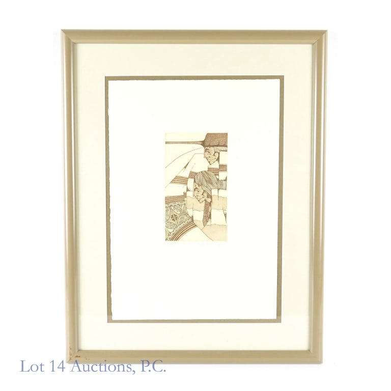 Amado M Pena (b. 1943) LE Etching "Los Dos": Limited edition etching (No. 16 / 65) entitled "Los Dos" by Mexican / Yaqui artist Amado Maurilio Pe?a, Jr. (born 1943). Frame measures: 16.25" x 20.75". Image in matte measures 3-7/8" x 6-7/8".