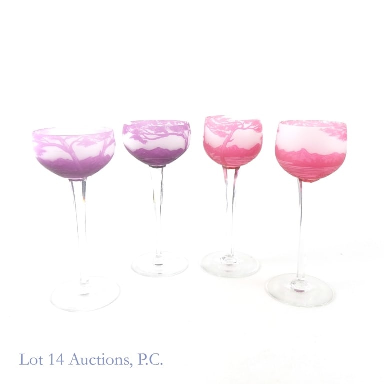 Loetz Richard Nancy Crystal Cameo Glasses (4): Two pairs of Loetz Cameo Glasses, signed "Richard" and marked on the bottom with "Nancy Cristal" and the Cross of Lorraine. Purple / violet glasses are 7.5" tall, and 3.1" diameter. Cranberry / red gl