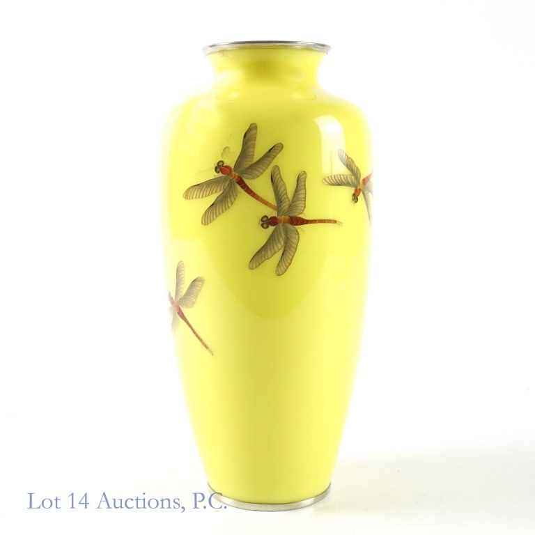Japanese Ando Jubei Cloissone Dragonfly Vase: Yellow Japanese Ando Cloisonne Dragonfly Vase. Yellow vase with four dragonflies in gold tone, chrome rim and Ando mark on the base. Japanese Early-Mid 20th Century vase by the Ando Jubei Cloisonne Co