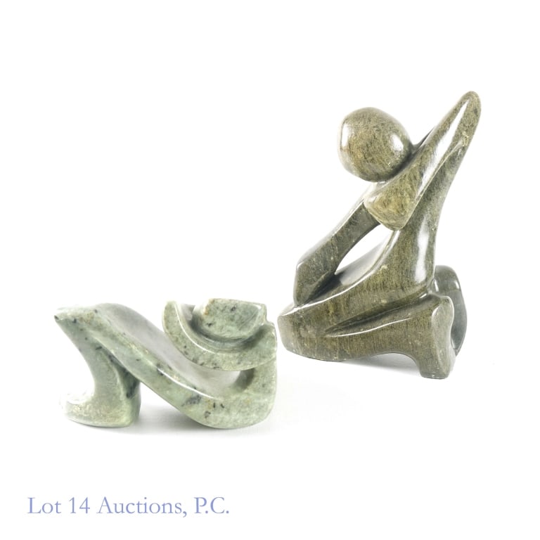 Vicente Bretas, Brazil, Carved Greenstone (2): Vicente Bretas (Brazil) - Two Carved Greenstone sculptures. 1 - Kneeling figure is signed "Vicente Bretas 85". Approximately 8.5 x 5.25 x 12.5". 15.3Lbs. 2 - Reclining figure is signed "Vicente Bretas