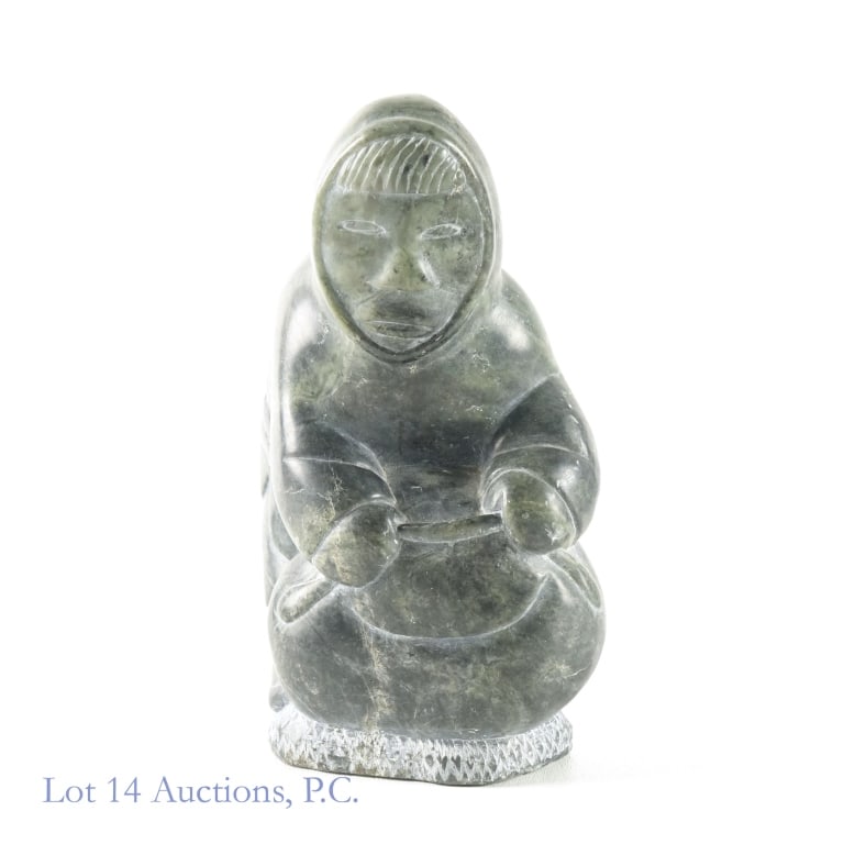 1973 Inuit Hardstone Sculpture, Signed: 1973 Inuit Hardstone Sculpture, Signed. Artist unknown. Bottom is marked "(c) 1973...5-13958. Some scratches to figure's left arm. Approximately 5.25 x 3.5 x 7.5". 7 Lbs. No other damage or repairs no