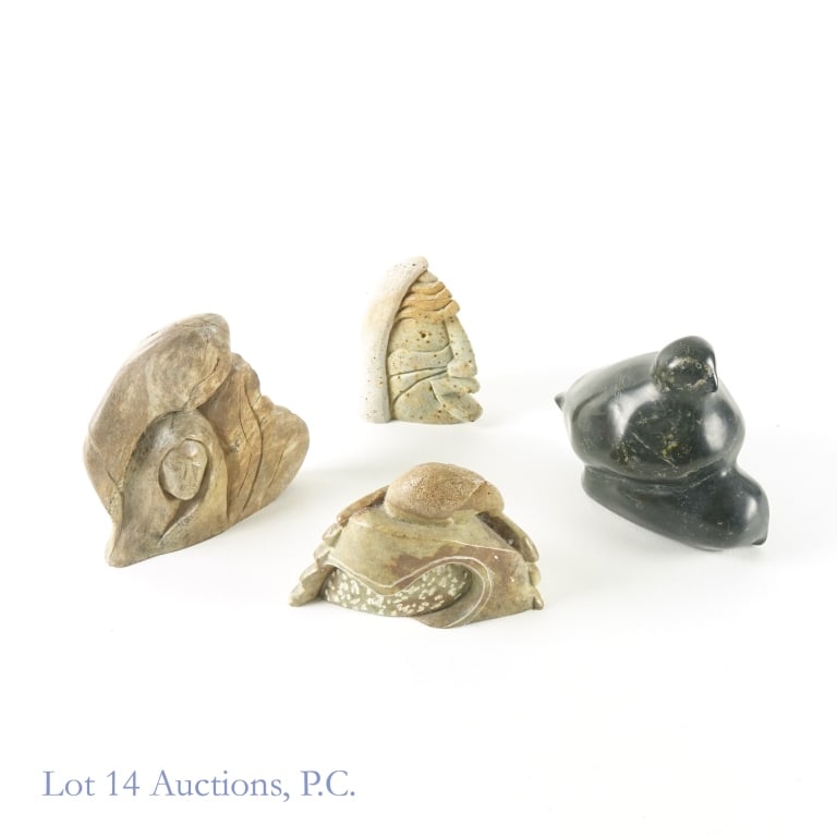 Signed Inuit Carved Hardstone Sculptures - 4: Four Signed Inuit Carved Hardstone Sculptures. 1 - Two birds Carved Greenstone, signed "Tegodlagak". Approximately 6.25 x 3.25 x 5", 3.3lbs. 2 - Face in profile, signed "Sheryl Sandy". Approximately 3