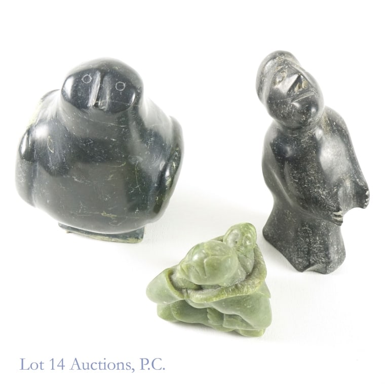 Inuit Hardstone Carvings - Bird, Papoose, Man (3): Three (3) Inuit Hardstone Carvings. 1 - Large Bird or Owl, unsigned. There is a small peg or pin in the bottom, but we believe this is for stability. Approximately 5.75 x 5 x 6.6", 7. lbs. Remnants of