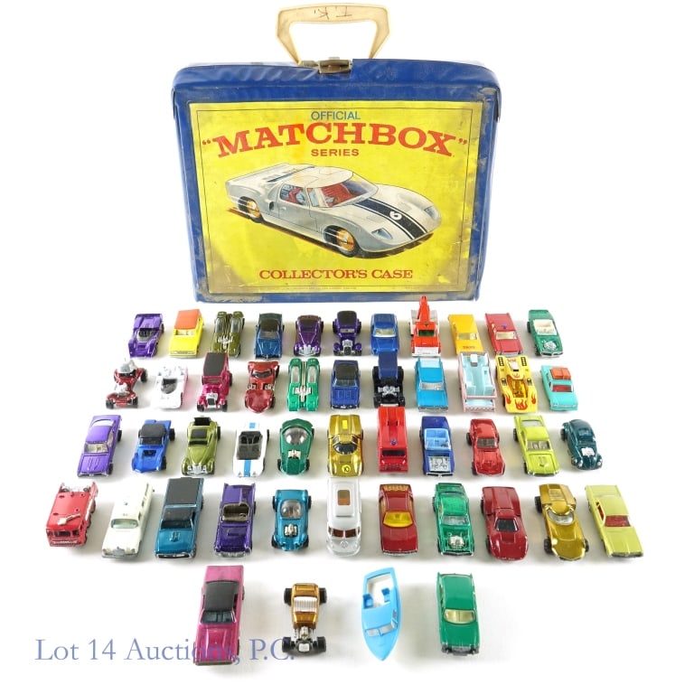 Die Cast Cars (48) - 29 Red Line Hot Wheels: 48 die cast cars - some Matchbox, some Hot Wheels, some others. 29 are red line Hot Wheels. Condition varies. Comes in a rougher condition Official Matchbox Series Collector's Case.