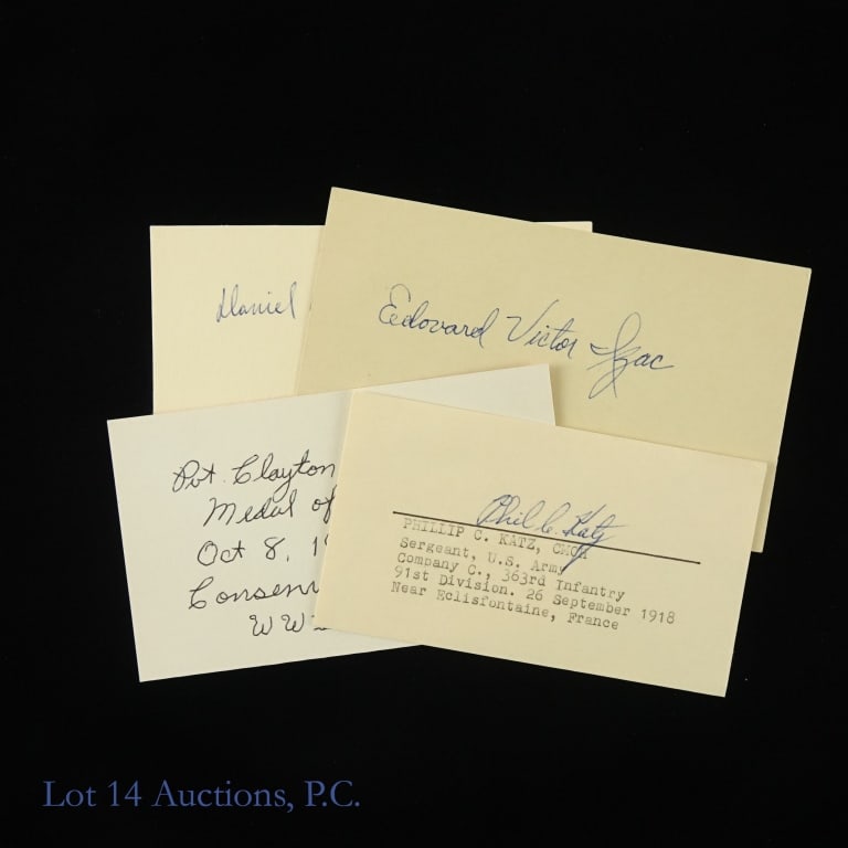 Medal of Honor Autographs - World War I (4): 4 autographed index cards - all signed by recipients of the Congressional Medal of Honor (CMOH) for action in the Vietnam War (1917 - 1918). Daniel R. Edwards (Army) *** Edouard V. Izac (Navy - 5-time