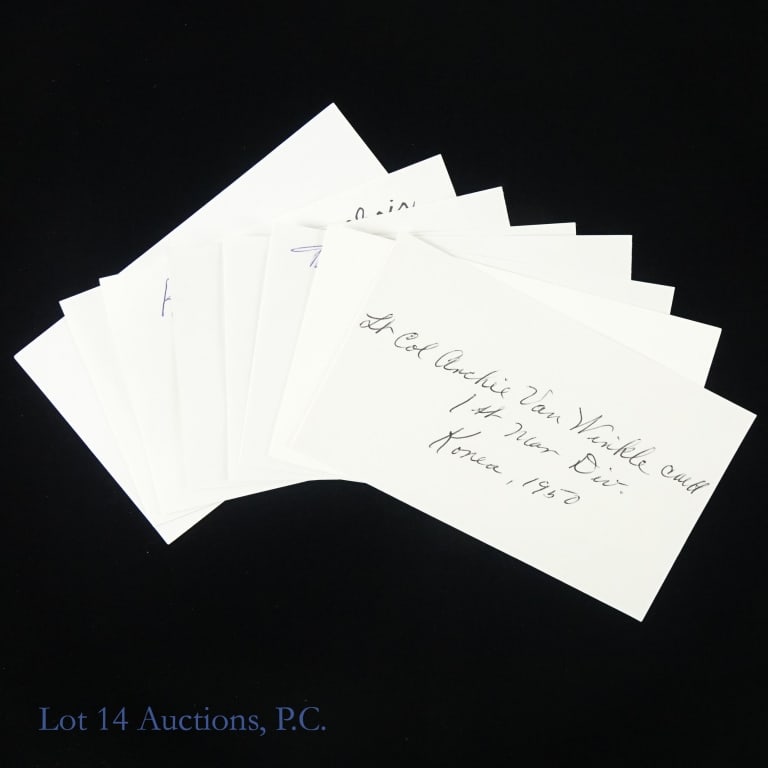 Medal of Honor Autographs - Korea (8): 8 autographed index cards - all signed by recipients of the Congressional Medal of Honor (CMOH) for action in the Korean War (1950 - 1953). Hector A. Cafferata, Jr. (Marine Corps) *** Duane E. Dewey (